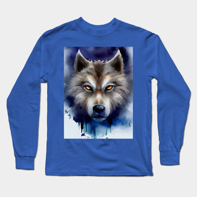 Menacing Wolf Face Watercolor Illustration Long Sleeve T-Shirt by Chance Two Designs